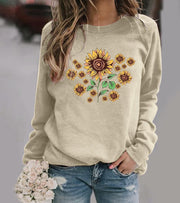 Damen Sweatshirt mit floralem Sonnenblumenmotiv und bequemer Passform
