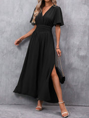 Schwarzes Maxikleid Damen – V-Ausschnitt, Schlitz & Flatterärmel