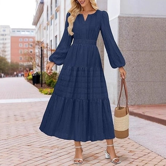 Damen Maxikleid mit eleganten Puffärmeln und gesmoktem Taillenbereich