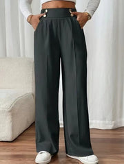 Damen elegante Hochbundhose mit seitlichen Knopfdetails und weitem Bein