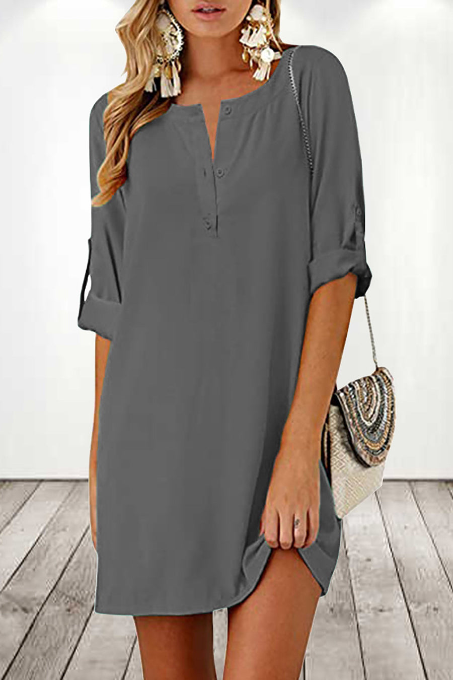 Leichtes | Tunika Kleid mit hochgerollten Ärmeln für Damen für dich