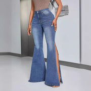 Damen elegante High-Waist Flared Jeans mit seitlichen Schlitzen