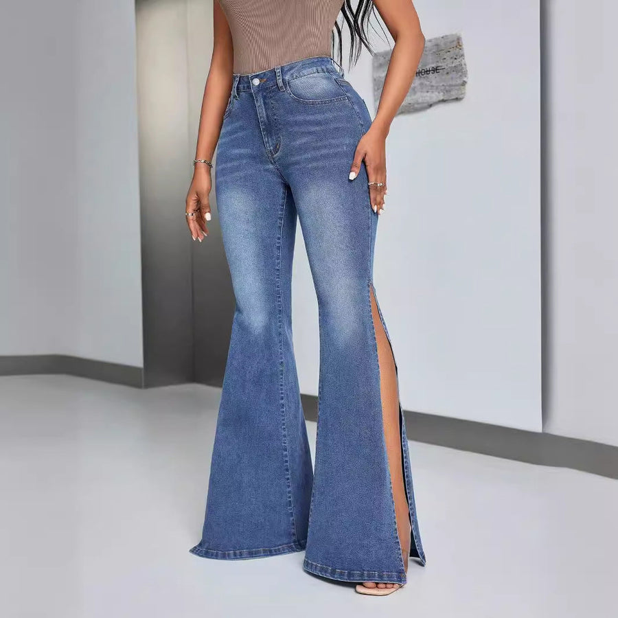 Damen elegante High-Waist Flared Jeans mit seitlichen Schlitzen