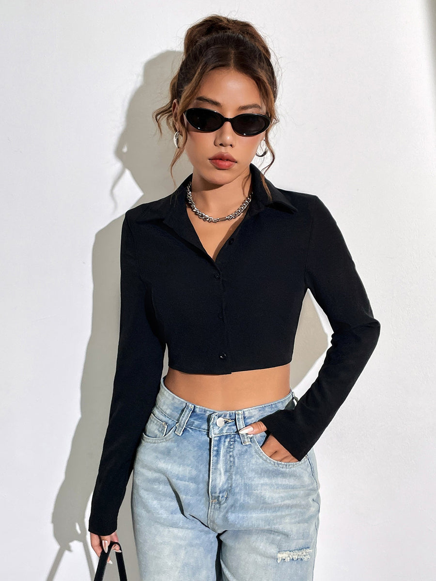 Damen cooles Crop-Oberteil mit zeitgemäßem Kragen und schmalem Schnitt