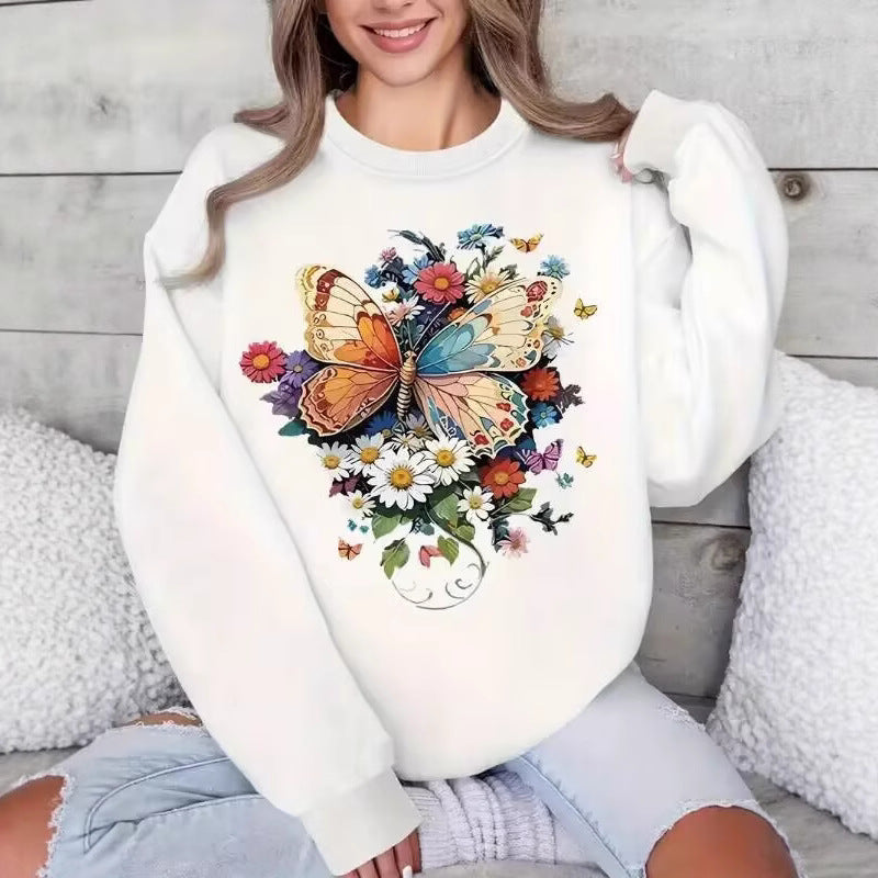 Damen Langarm Sweatshirt mit floralem Schmetterlingsdruck