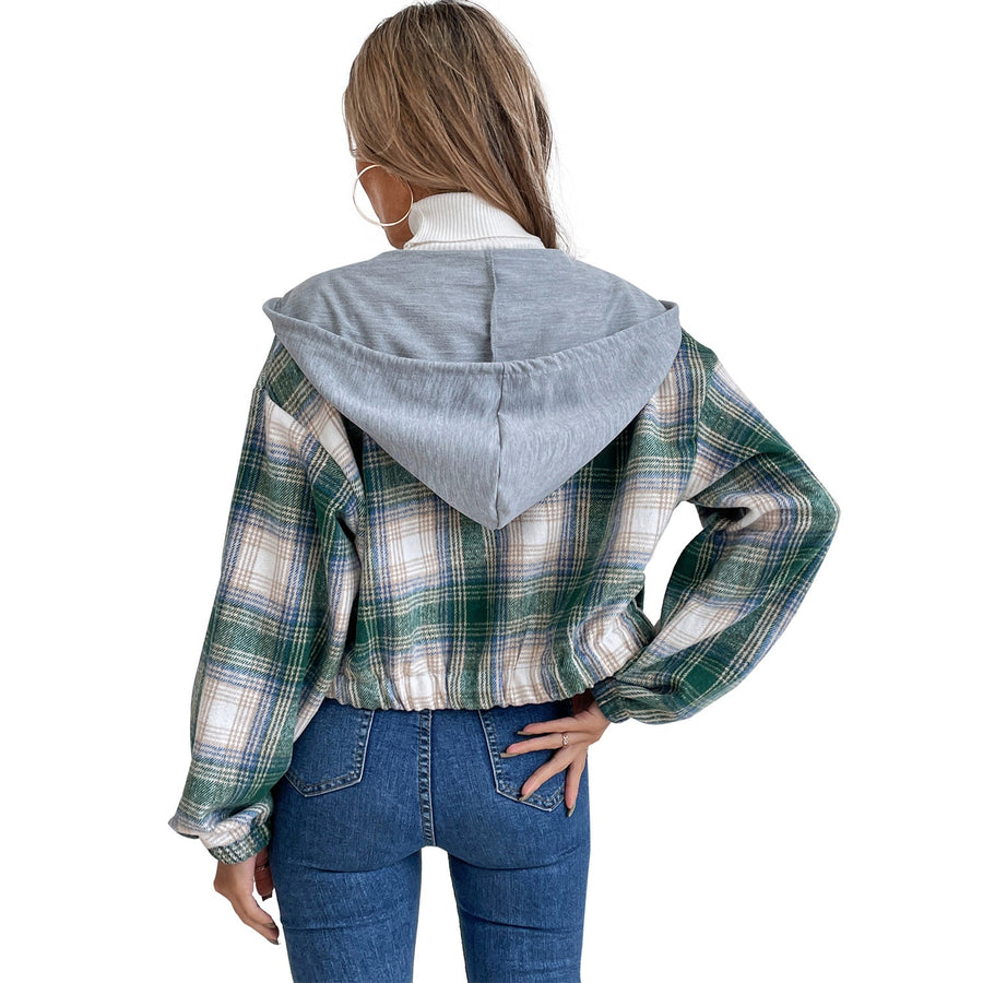 Damen cropped Flanelljacke mit Kapuze und modernem Karomuster
