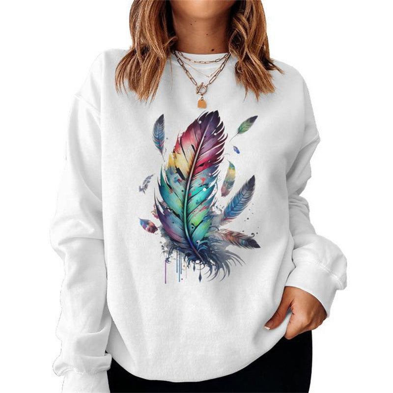 Damen Sweatshirt mit buntem Federdesign und lässigem Schnitt