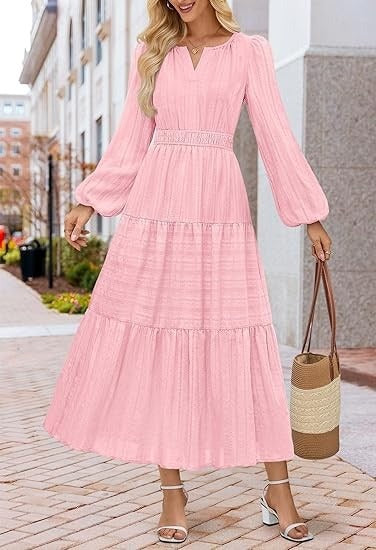 Damen Maxikleid mit eleganten Puffärmeln und gesmoktem Taillenbereich