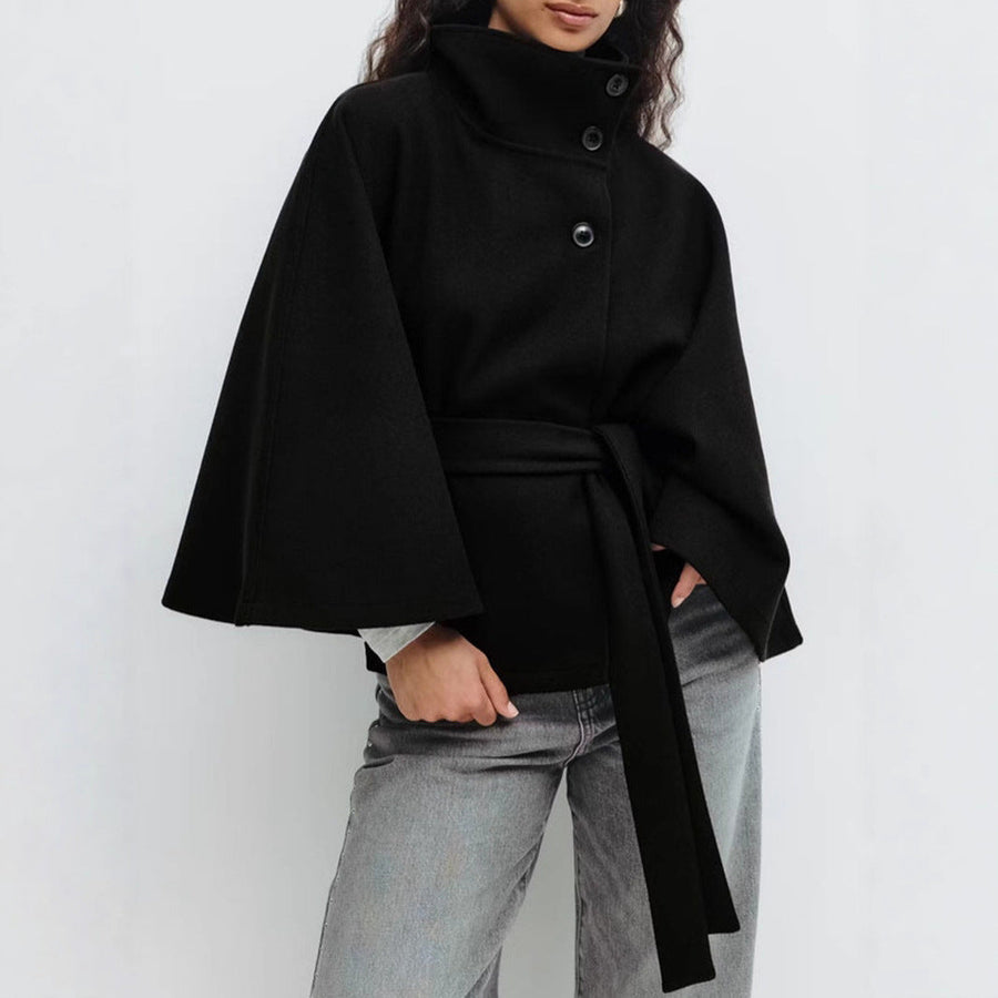Damen stylische Umhangjacke mit hohem Kragen und Gürtel