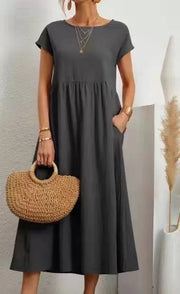 Damen Midi-Kleid mit Ballonärmeln und praktischen Taschen