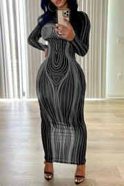 Damen figurbetontes Langarm-Maxikleid mit modernem Grafikdesign