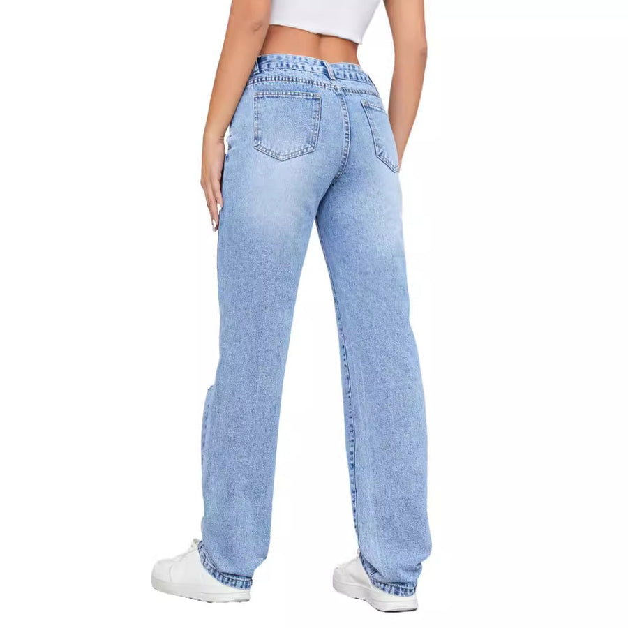 Damen hohe Jeans im lässigen Vintage-Stil mit stylischem Destroyed-Effekt