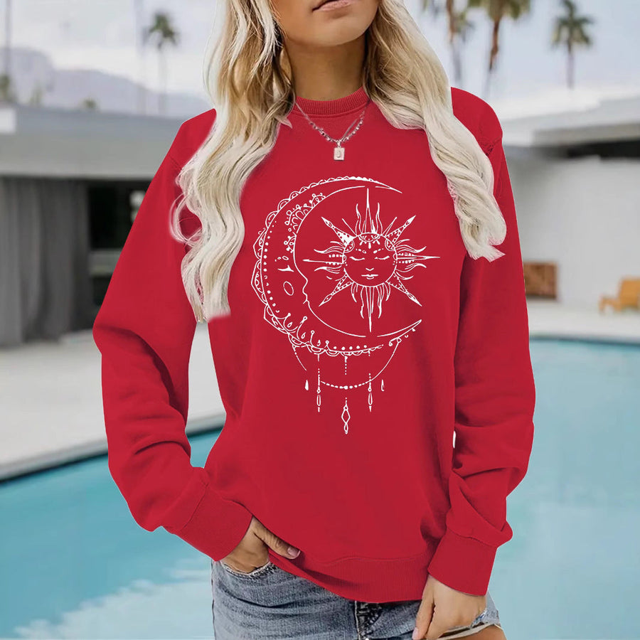 Damen Sweatshirt mit künstlerischem Sonnen- und Mondmotiv