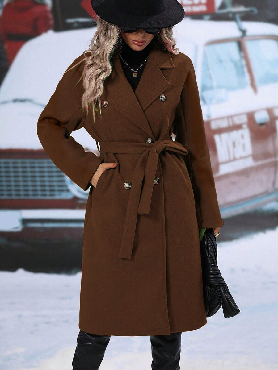 Damen eleganter Oversized-Mantel mit doppelter Knopfleiste und schickem Gürtel