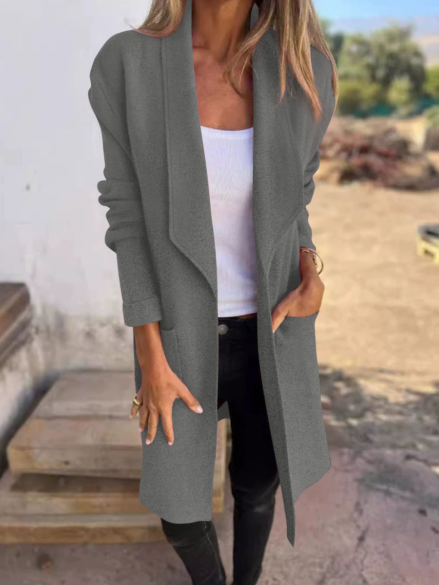 Damen lässiger Oversized-Mantel mit Eingrifftaschen und offenem Kragen
