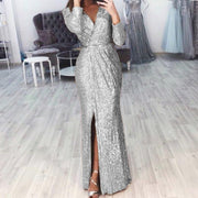 Damen langes Abendkleid mit elegantem Wickelschnitt und Schlitz