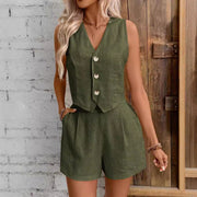 Zweiteiler aus Leinenoptik – Ärmelloses Gilet mit High-Waist Shorts
