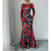 Damen Elegantes Maxikleid mit floralen Rüschendetails und langem Arm