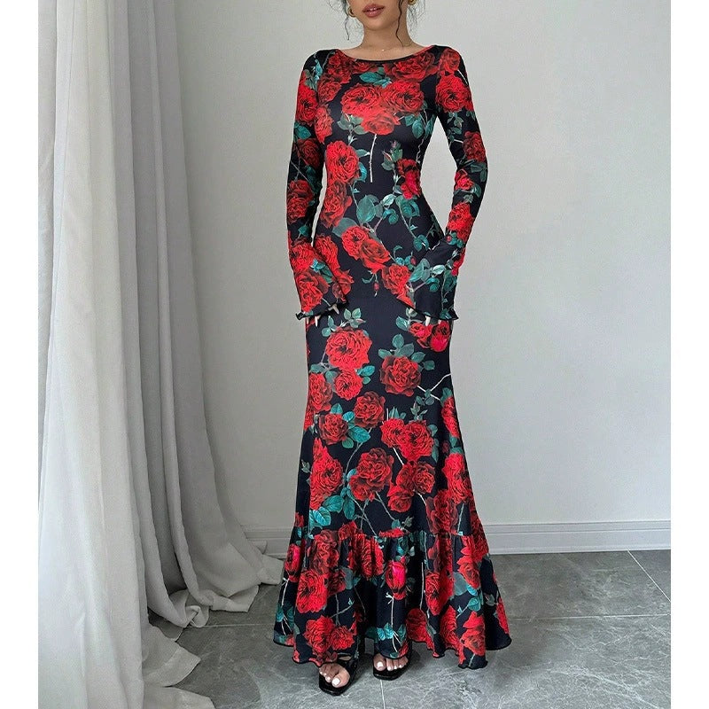 Damen Elegantes Maxikleid mit floralen Rüschendetails und langem Arm