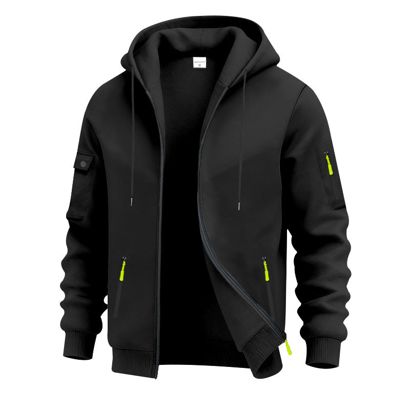 Herren nan technische Zip-Hoodiejacke mit wasserabweisenden Reißverschlusstaschen, Kapuze und verstärkten Ärmelpaspeln Drune