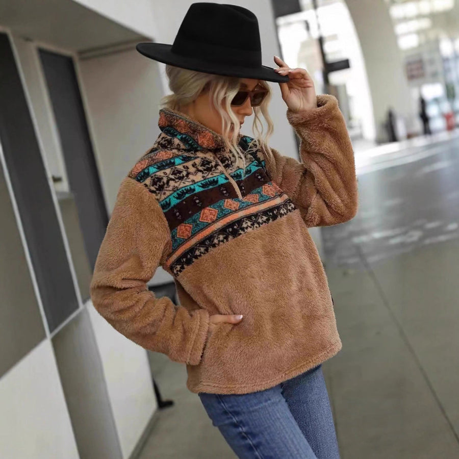 Damen kuschelige Fleece-Pullover mit modischem Reißverschluss und Farbdesign