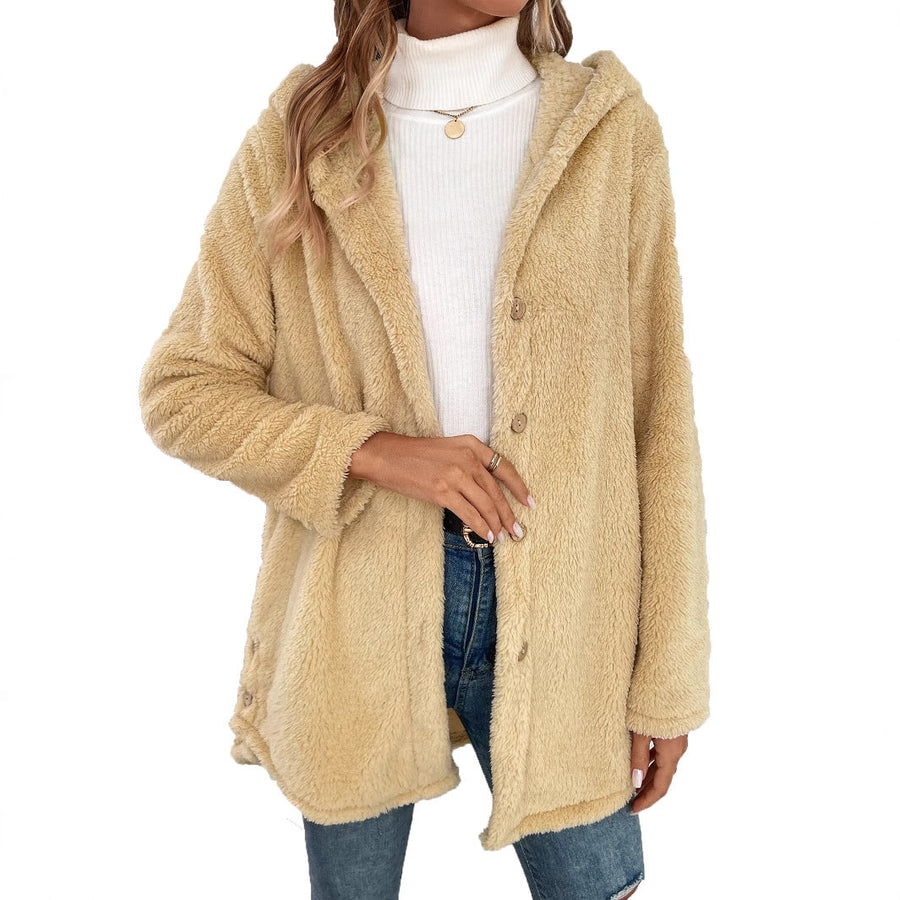Damen flauschige Übergangsjacke mit Kapuze und Knopfverschluss