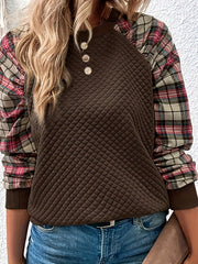 Damen Sweatshirt mit Gitterstruktur und karierten Ärmeln