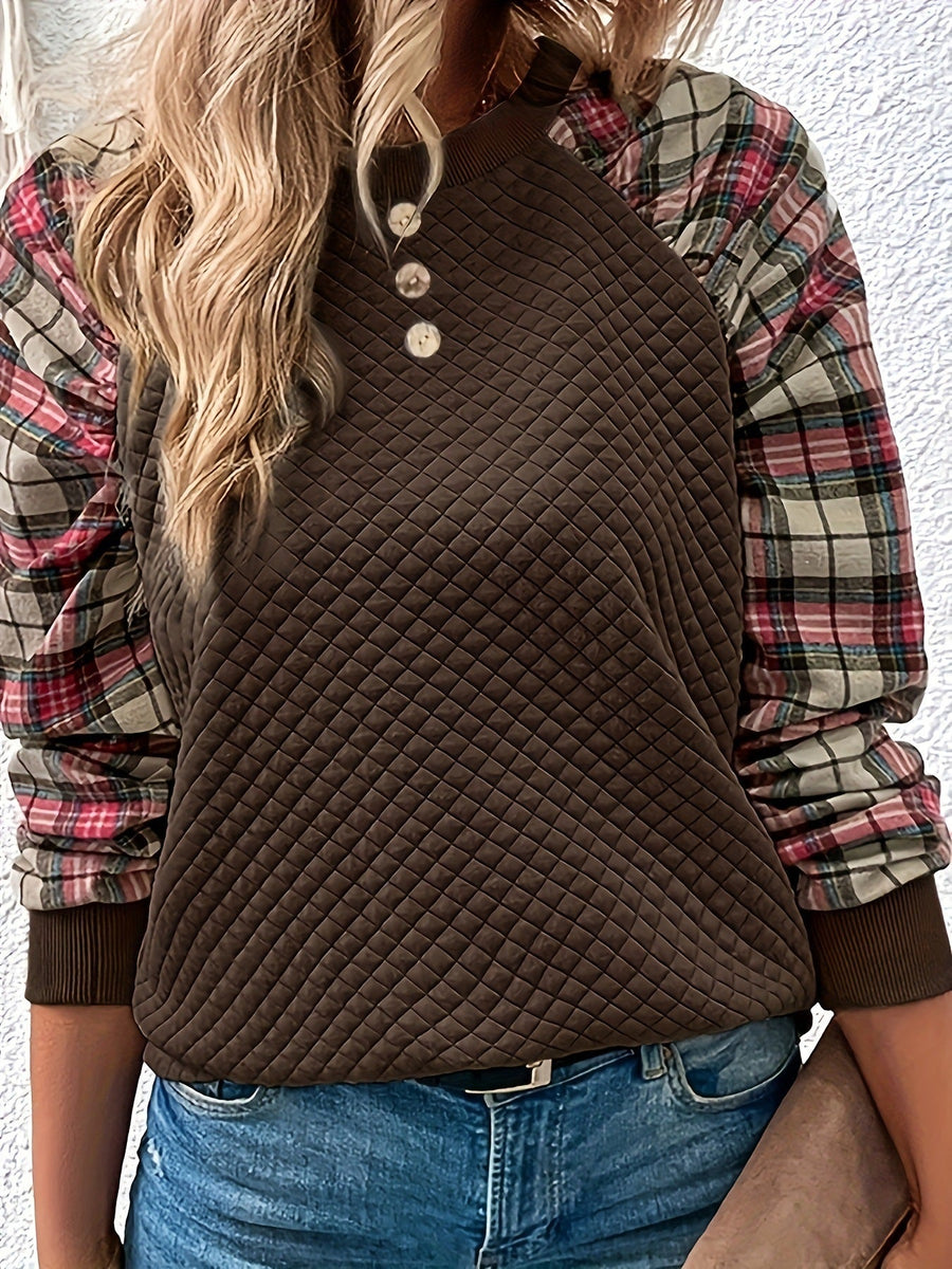 Damen Sweatshirt mit Gitterstruktur und karierten Ärmeln
