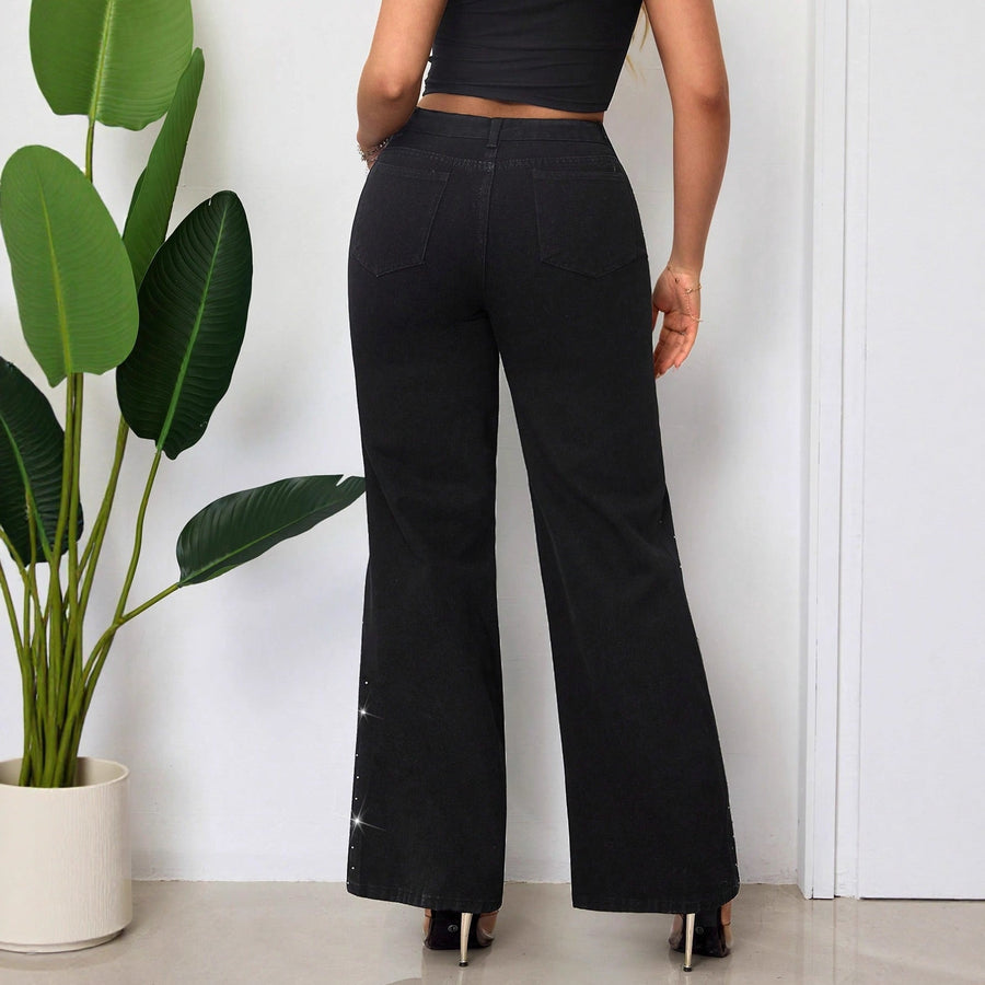Damen High-Waist Jeans mit funkelndem Strassbesatz und weitem Schnitt