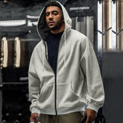 Herren nan oversized Zip-Hoodie mit durchgehendem Reißverschluss, Kängurutasche und gerippten Bündchen Drune