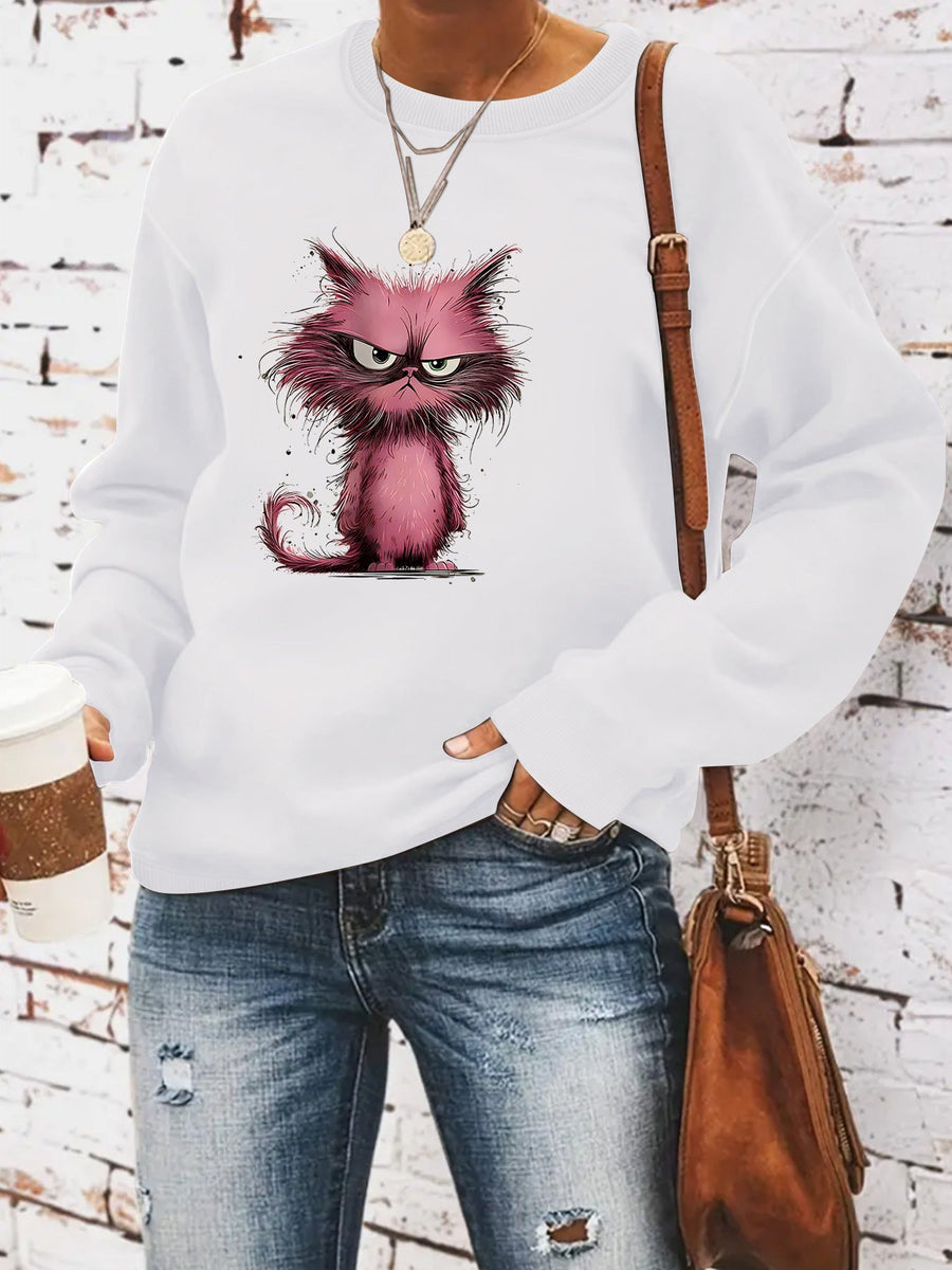 Damen Sweatshirt mit kreativem Katzenmotiv