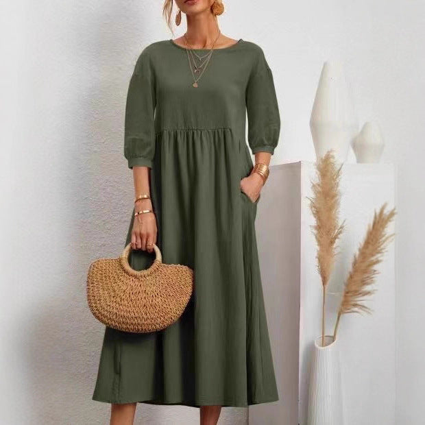 Damen Midi-Kleid mit Ballonärmeln und praktischen Taschen