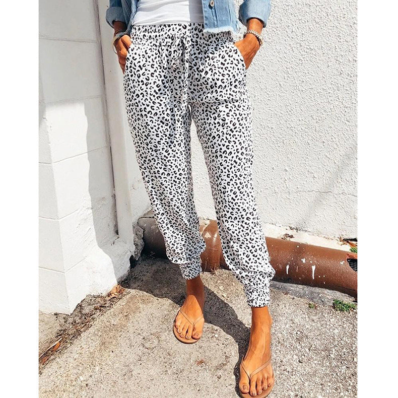 Damen nan lässige Leoparden-Print Jogginghose mit Tunnelzug, Eingrifftaschen und elastischen Bündchen Drune