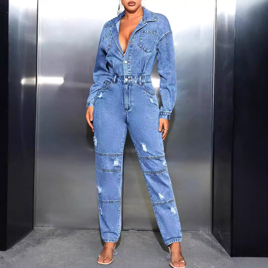 Damen Jeansoverall mit tailliertem Schnitt und modischen Destroyed-Details