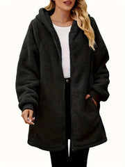 Damen Fleece-Mantel mit Taschen und Kapuze