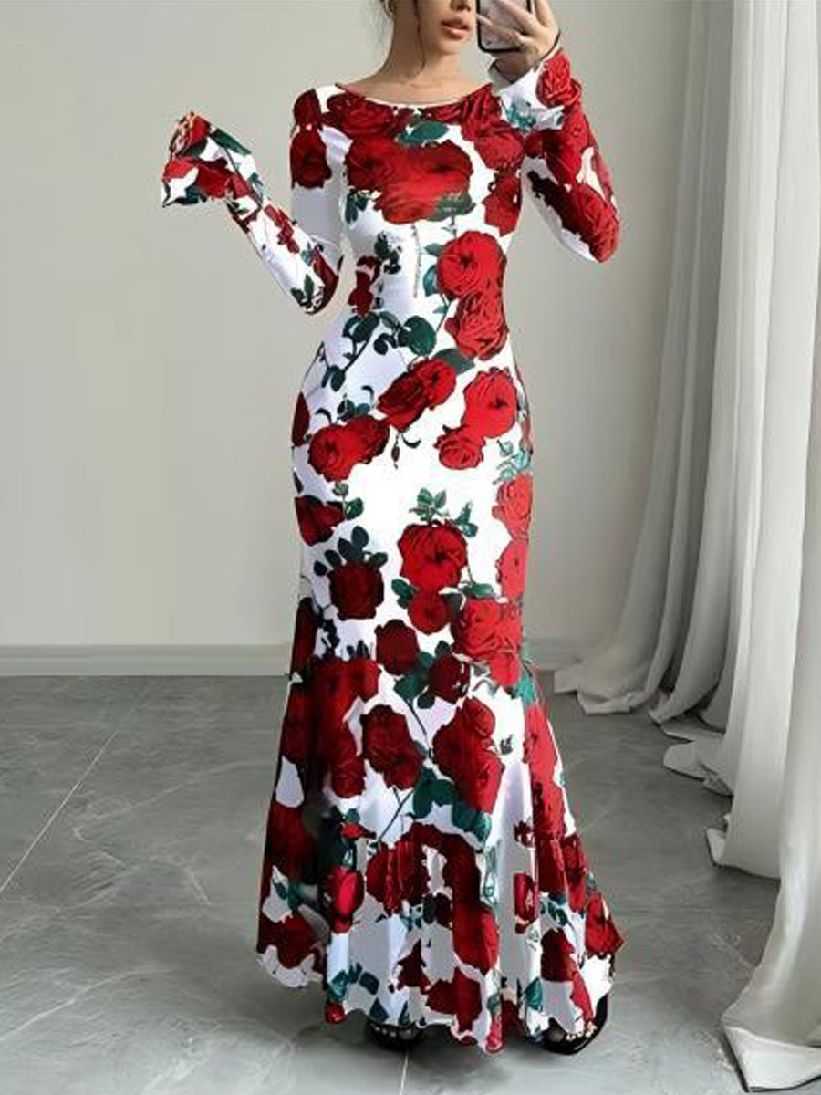 Damen Elegantes Maxikleid mit floralen Rüschendetails und langem Arm