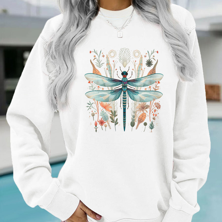 Damen Sweatshirt mit einzigartigem Libellen-Print und botanischem Design