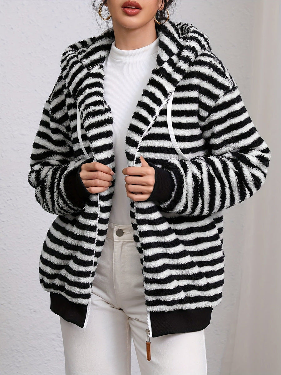 Damen Flauschige Strickjacke mit kontrastierenden Streifen