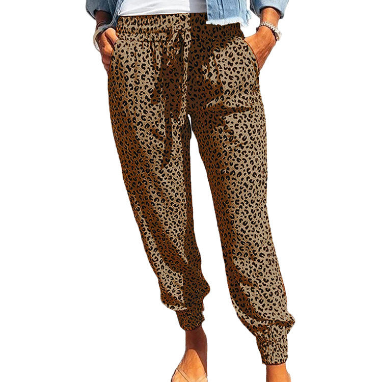 Damen nan lässige Leoparden-Print Jogginghose mit Tunnelzug, Eingrifftaschen und elastischen Bündchen Drune