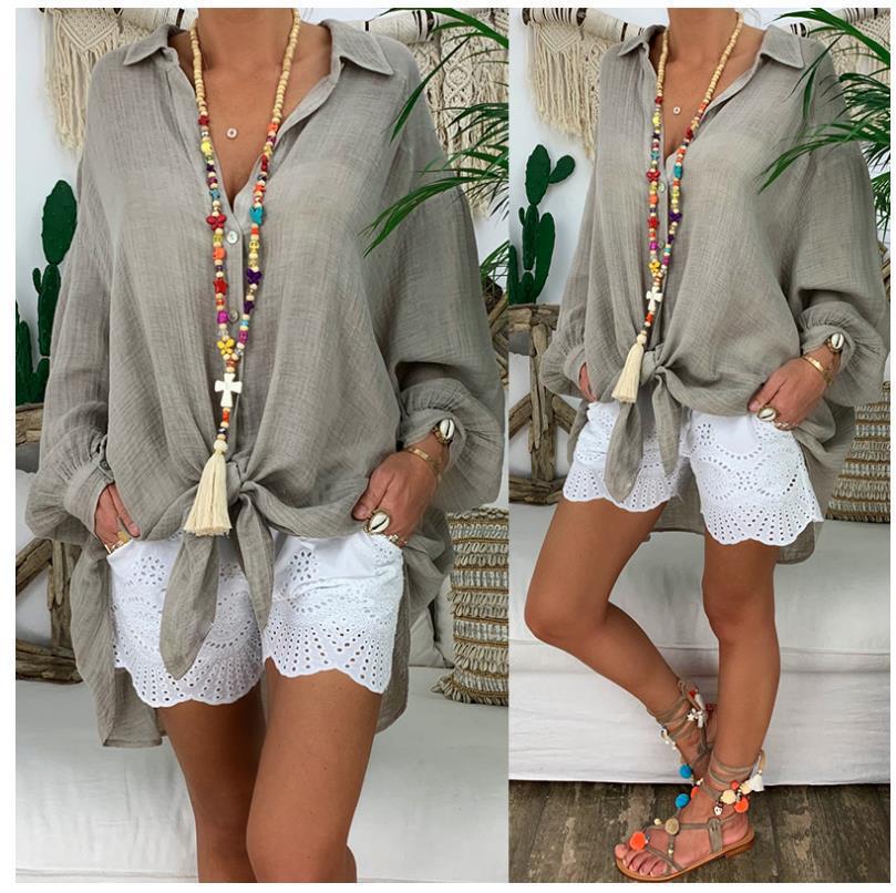 Damen nan leichte Leinen-Tunika mit Knotenfront und Lochspitzen-Shorts Drune