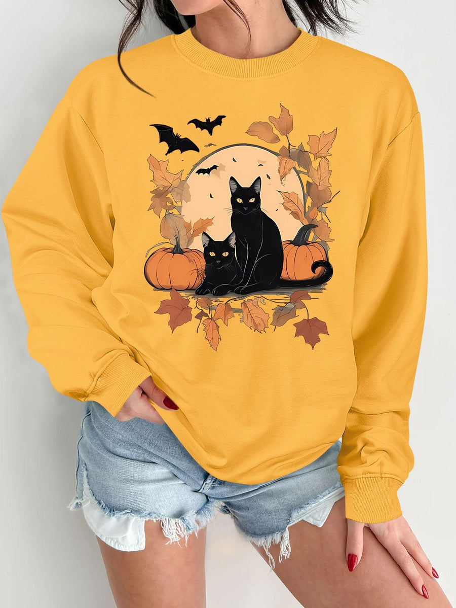 Damen Sweatshirt mit herbstlichem Katzen- und Kürbisdesign