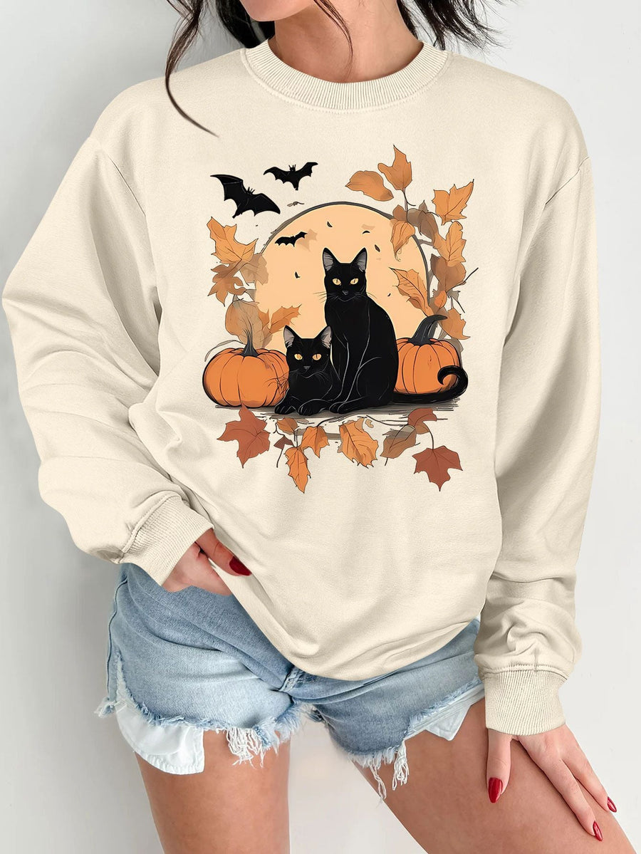 Damen Sweatshirt mit herbstlichem Katzen- und Kürbisdesign