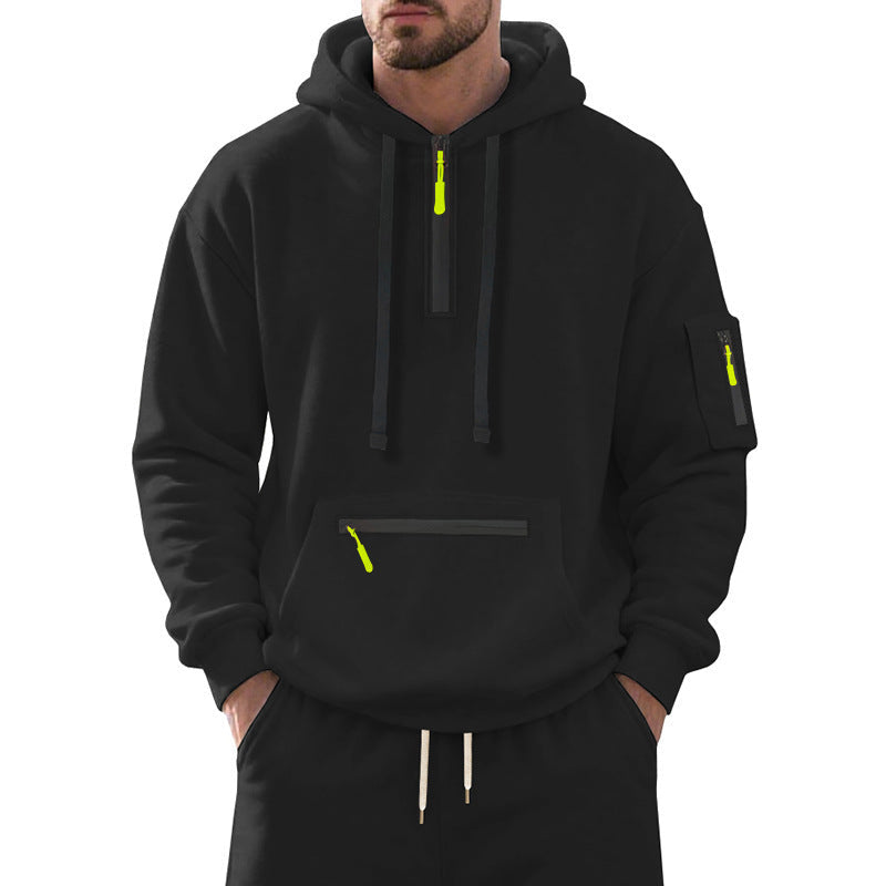 Herren nan technischer Freizeit-Hoodie mit kurzem mittigem Reißverschluss, Reißverschluss-Kängurutasche und Ärmeltasche Drune