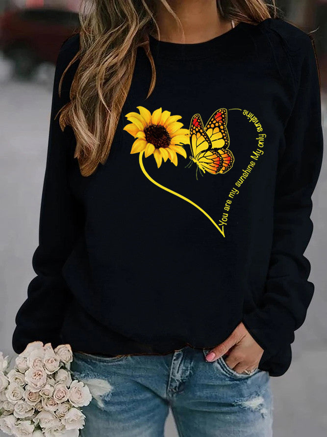 Damen Sweatshirt mit grafischem Schmetterlings- und Sonnenblumenmotiv