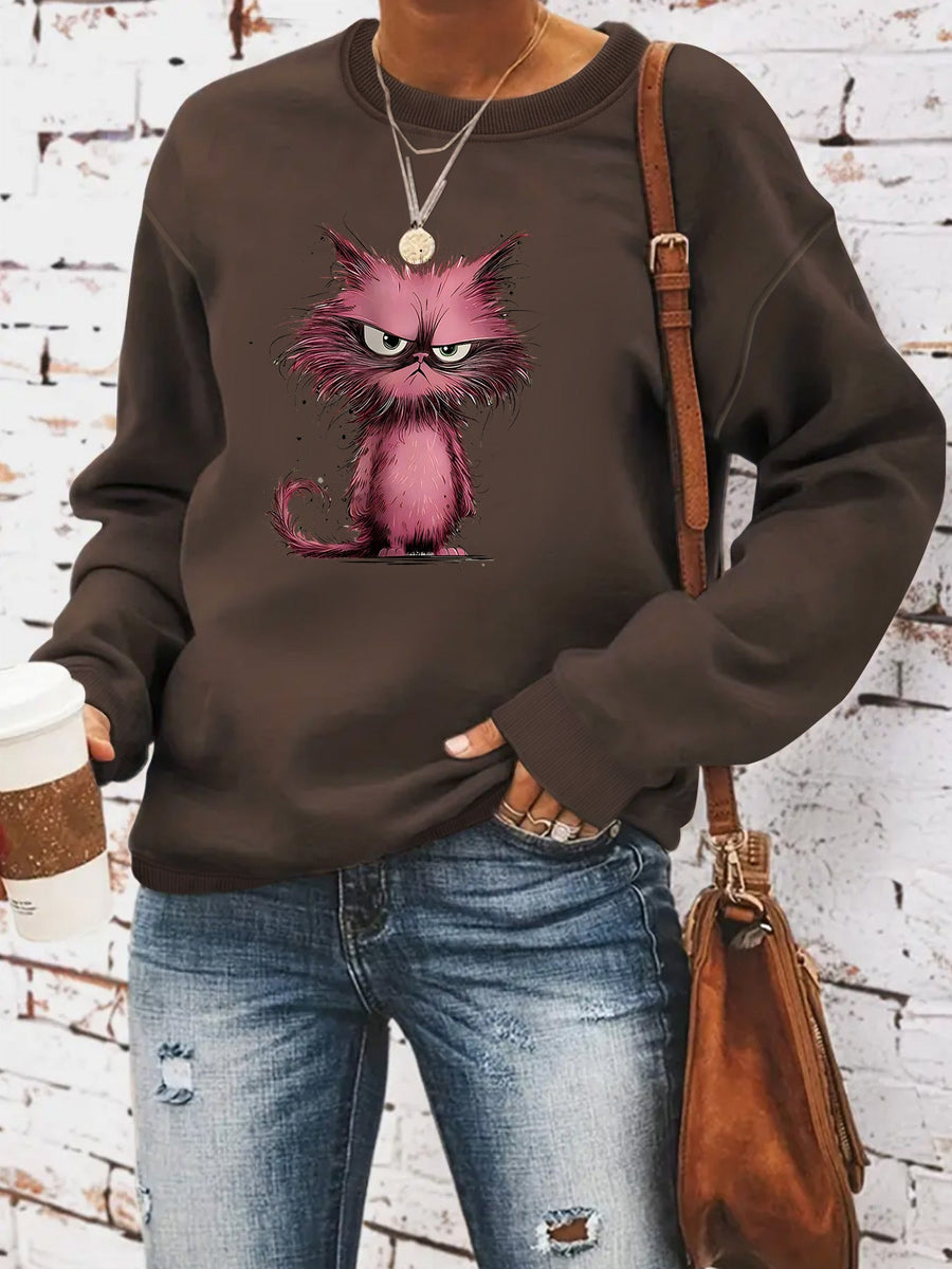 Damen Sweatshirt mit kreativem Katzenmotiv