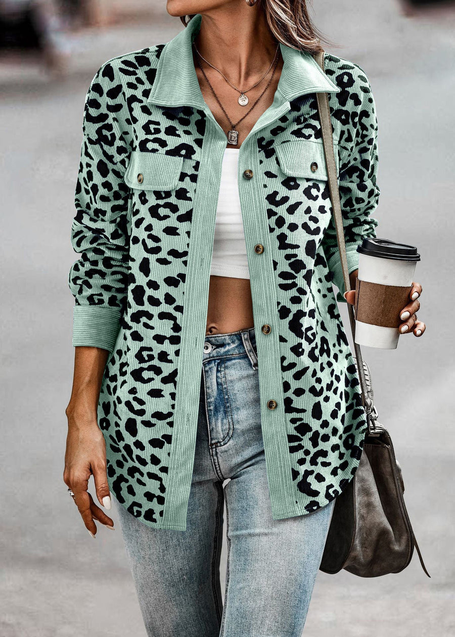 Damen Trendige Kordjacke mit Leo-Print und Brusttaschen