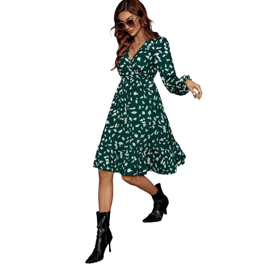 Damen elegantes Midikleid mit V-Ausschnitt und voluminösen Ärmeln