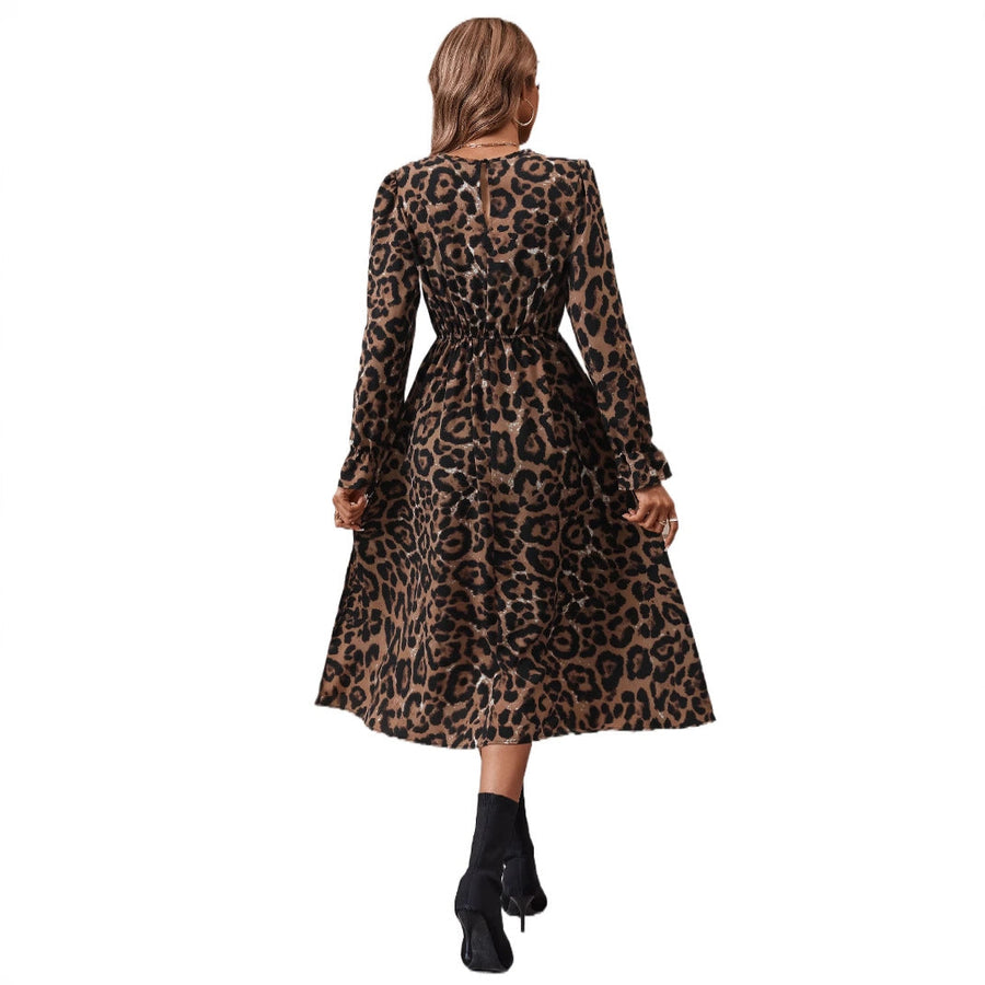 Damen elegantes Maxikleid mit modernem Leopardenmuster und nostalgischen Puffärmeln