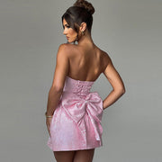 Champagnerfarbene Mini-Cocktailkleid – Schulterfreies Abendkleid mit Schleifendetail