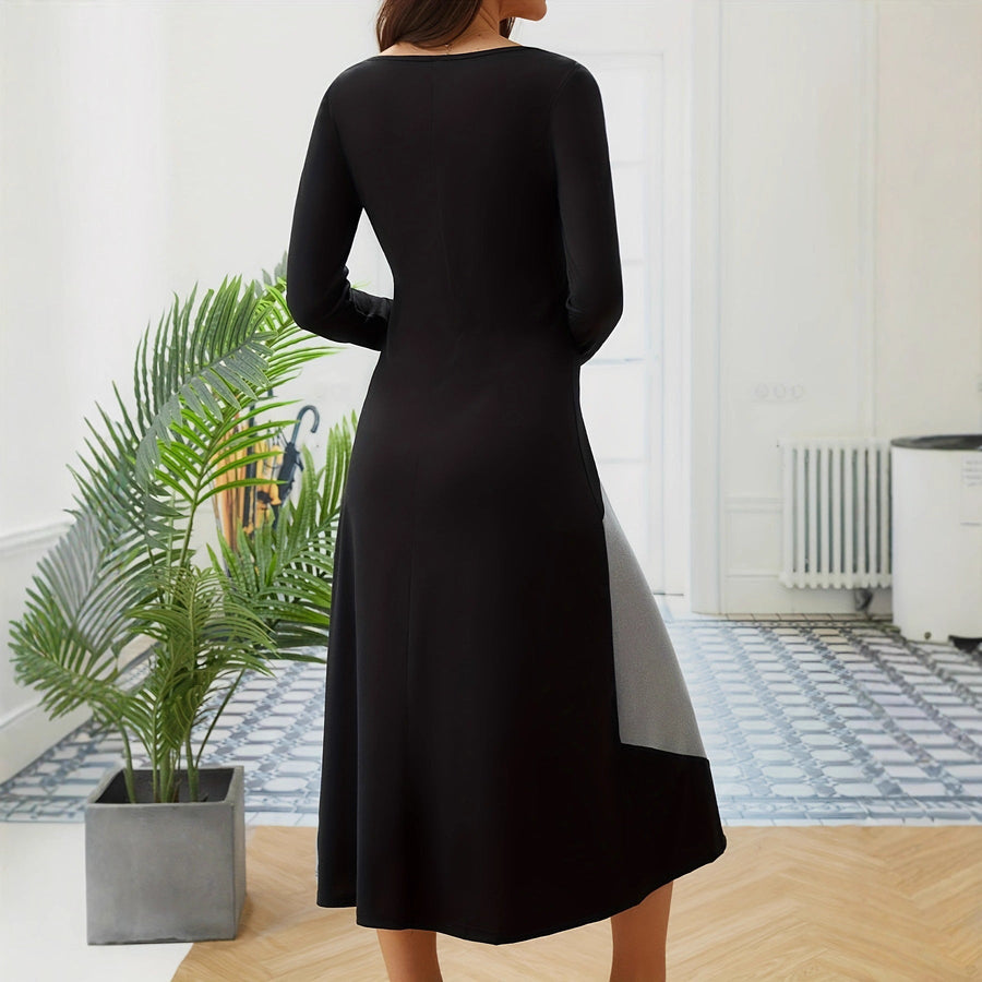Damen figurbetontes Langarm-Kleid mit modernem Schnitt und Farbeinteilungen